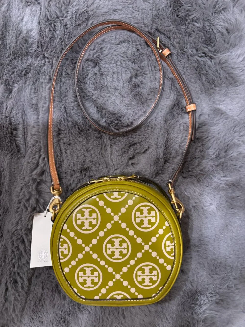NEW Tory Burch Circle Crossbody Bag Moon T Monogram Leather Lime Olive Green